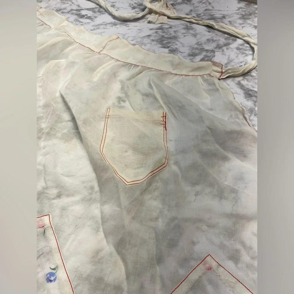 Vintage White Sheer Floral Cooking Kitchen Waist Apron with Pocket